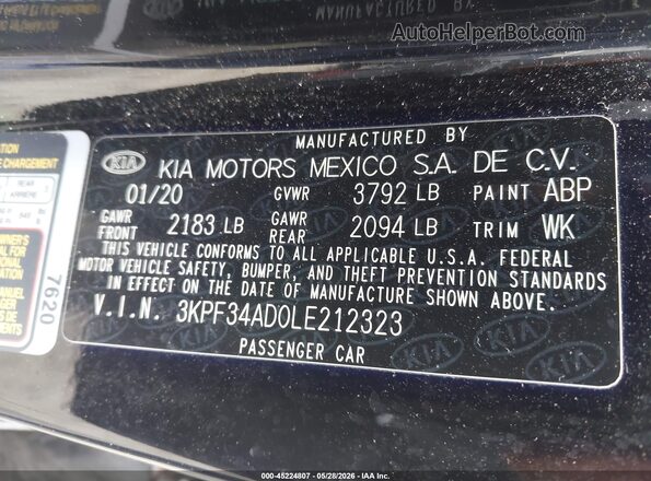 3KPF34AD0LE212323 2020 KIA FORTE Black Widok komory silnika