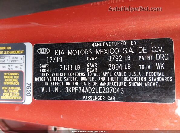 3KPF34AD2LE207043 2020 KIA FORTE Orange Widok komory silnika