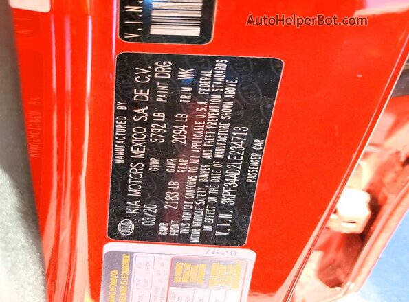 3KPF34AD2LE234713 2020 KIA FORTE Оранжевый Вид подкапотного пространства