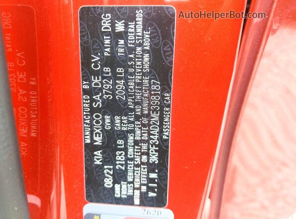 3KPF34AD2ME398187 2021 KIA FORTE Оранжевый Вид подкапотного пространства