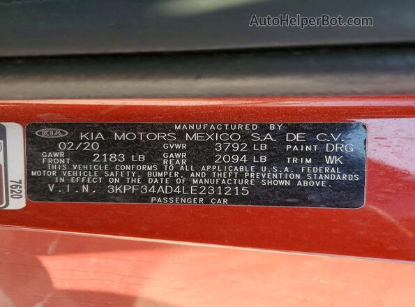 3KPF34AD4LE231215 2020 KIA FORTE Оранжевый Вид наклейки с VIN-кодом