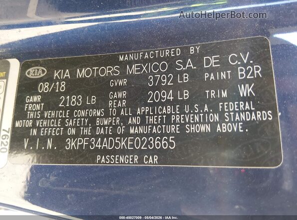 3KPF34AD5KE023665 2019 KIA FORTE Синий Вид подкапотного пространства