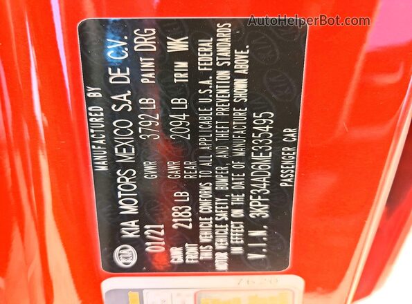 3KPF34AD6ME335495 2021 KIA FORTE Оранжевый Вид подкапотного пространства