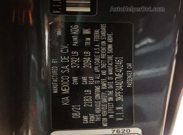 3KPF34AD7ME402461 2021 KIA FORTE Gray Widok naklejki z numerem VIN