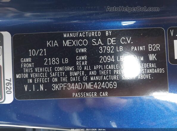 3KPF34AD7ME424069 2021 KIA FORTE Blue Вид підкапотного простору