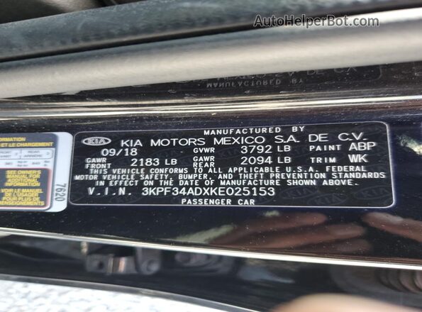 3KPF34ADXKE025153 2019 KIA FORTE Черный Вид наклейки с VIN-кодом