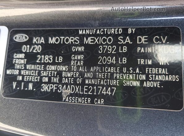 3KPF34ADXLE217447 2020 KIA FORTE Серый Вид подкапотного пространства