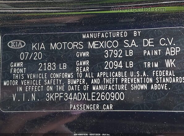 3KPF34ADXLE260900 2020 KIA FORTE Черный Вид подкапотного пространства