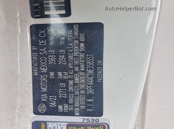 3KPF44AC1ME358557 2021 KIA FORTE Белый Вид наклейки с VIN-кодом