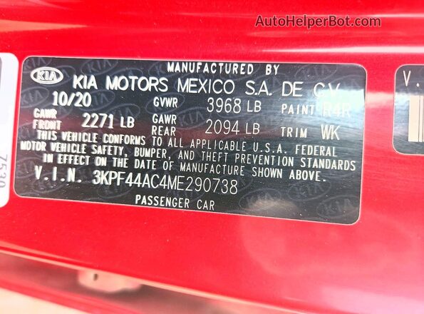 3KPF44AC4ME290738 2021 KIA FORTE Burgundy Widok komory silnika