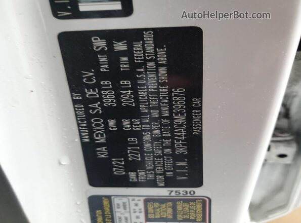 3KPF44AC9ME396876 2021 KIA FORTE Белый Вид наклейки с VIN-кодом