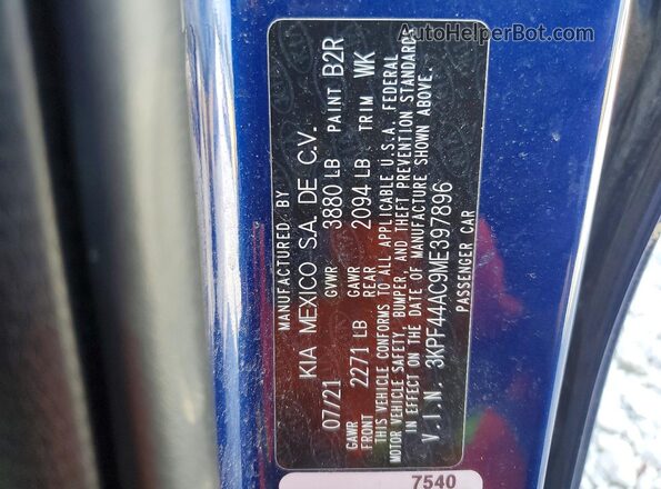 3KPF44AC9ME397896 2021 KIA FORTE Синий Вид подкапотного пространства