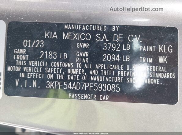 3KPF54AD7PE593085 2023 KIA FORTE Gray Widok komory silnika