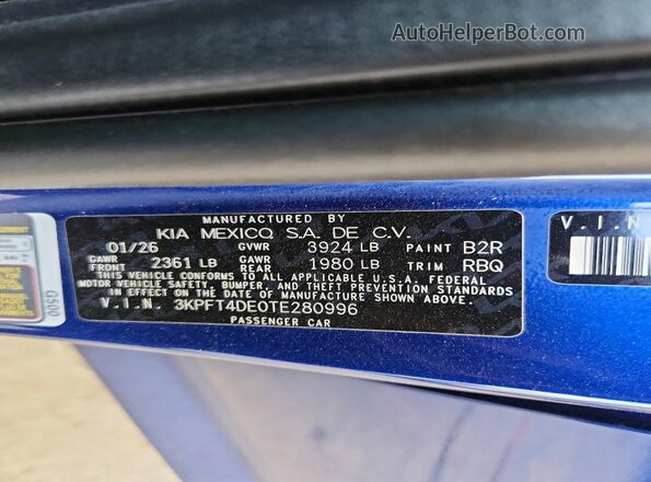 3KPFT4DE0TE280996 2026 KIA K4 Синий Вид подкапотного пространства