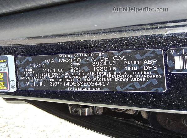 3KPFT4DE3SE054417 2025 KIA K4 Серый Вид наклейки с VIN-кодом