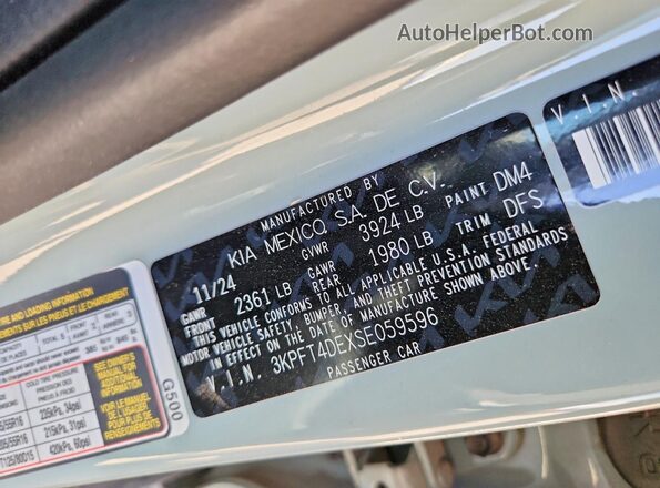 3KPFT4DEXSE059596 2025 KIA K4 Серый Вид наклейки с VIN-кодом