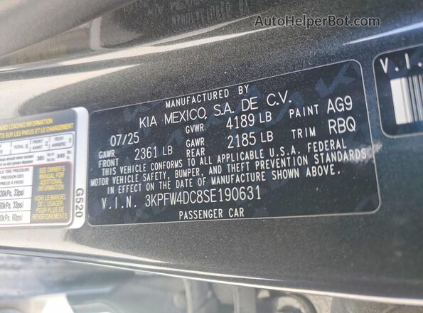 3KPFW4DC8SE190631 2025 KIA K4 Charcoal Widok naklejki z numerem VIN