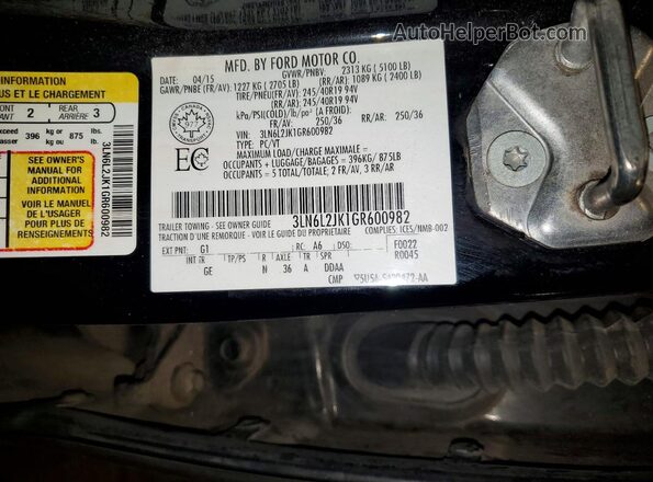 3LN6L2JK1GR600982 2016 LINCOLN MKZ Черный Вид наклейки с VIN-кодом