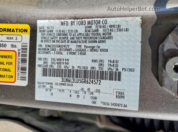 3LN6L2LU5GR624572 2016 LINCOLN MKZ Серый Вид наклейки с VIN-кодом
