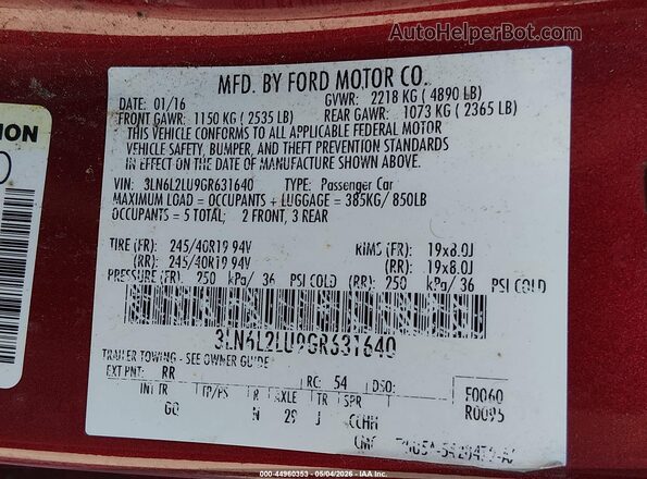 3LN6L2LU9GR631640 2016 LINCOLN MKZ HYBRID Бордовый Вид подкапотного пространства