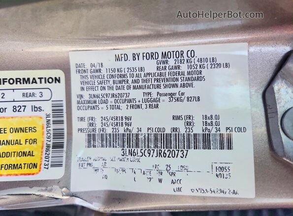 3LN6L5C97JR620737 2018 LINCOLN MKZ Желто-коричневый Вид наклейки с VIN-кодом