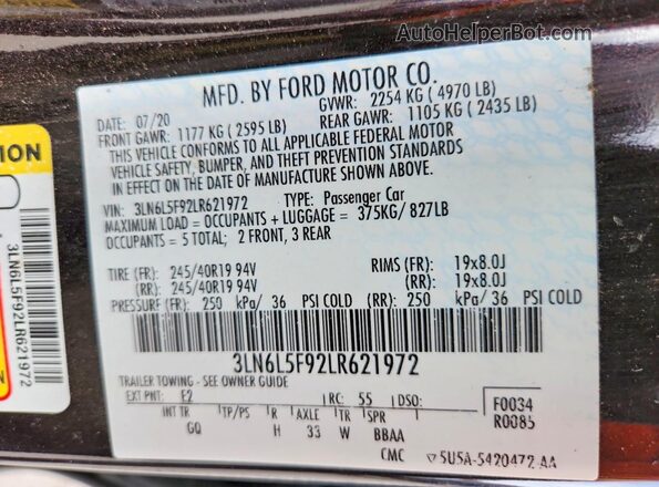 3LN6L5F92LR621972 2020 LINCOLN MKZ Темно-бордовый Вид подкапотного пространства
