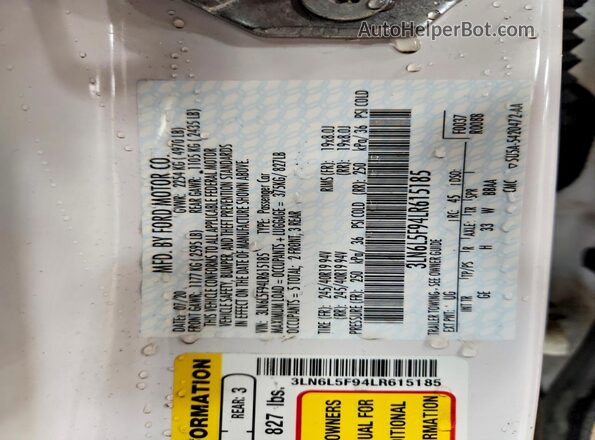 3LN6L5F94LR615185 2020 LINCOLN MKZ Белый Вид наклейки с VIN-кодом