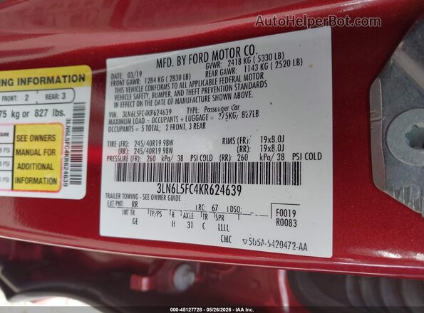 3LN6L5FC4KR624639 2019 LINCOLN MKZ Burgundy Widok komory silnika