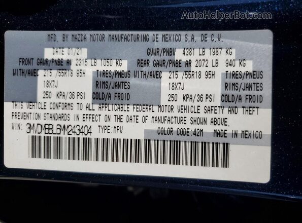 3MVDMBBL6MM243404 2021 MAZDA CX-30 Blue 360 interior view