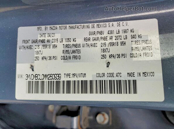 3MVDMBCL0MM260939 2021 MAZDA CX-30 Blue Widok naklejki z numerem VIN