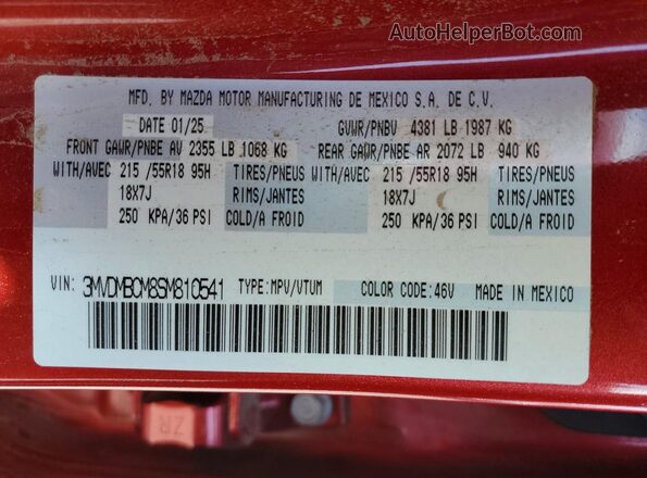 3MVDMBCM8SM810541 2025 MAZDA CX-30 Красный Вид наклейки с VIN-кодом