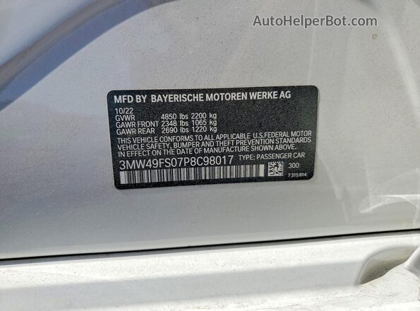 3MW49FS07P8C98017 2023 BMW M3 White VIN կոդի պիտակի տեսք