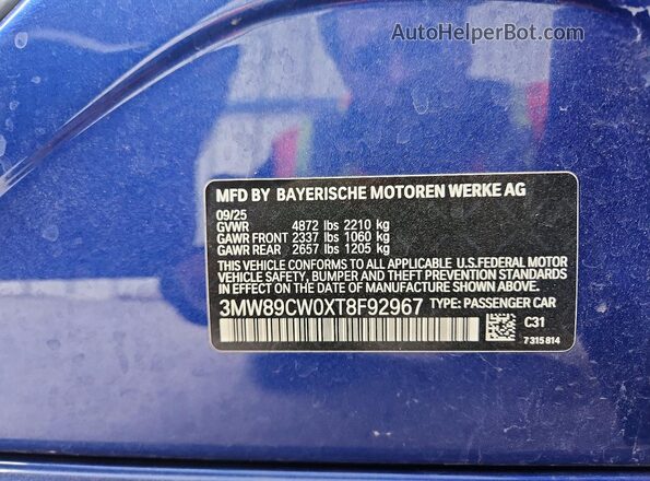 3MW89CW0XT8F92967 2026 BMW OTHER Blue Vista del compartimento del motor