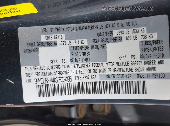 3MYDLBYV4KY503495 2019 TOYOTA LE Серый Вид подкапотного пространства
