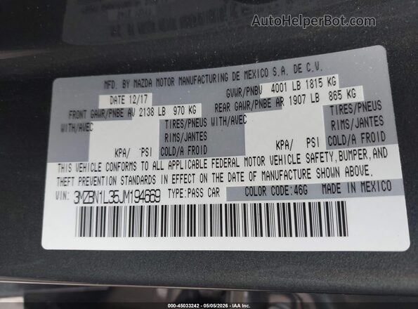 3MZBN1L35JM194669 2018 MAZDA 3 Gray Вид підкапотного простору