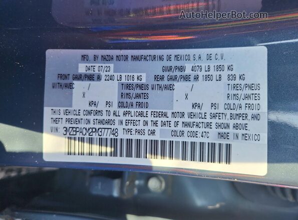 3MZBPACM2PM377748 2023 MAZDA 3 Gray Widok naklejki z numerem VIN
