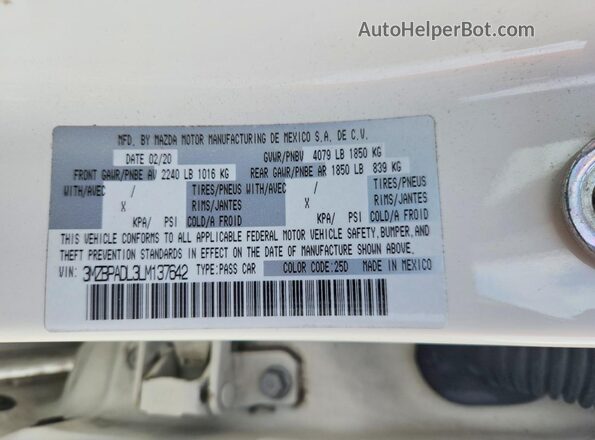 3MZBPADL3LM137642 2020 MAZDA 3 Белый Вид наклейки с VIN-кодом