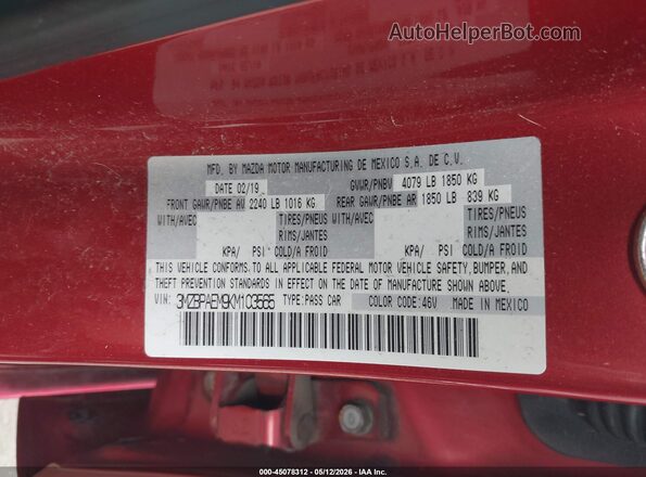 3MZBPAEM9KM103565 2019 MAZDA 3 Red Vista del compartimento del motor