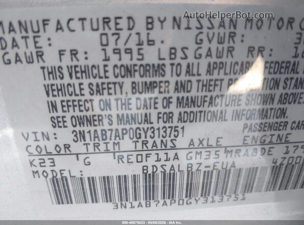 3N1AB7AP0GY313751 2016 NISSAN SENTRA Silver Vista del compartimento del motor