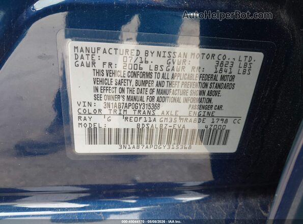 3N1AB7AP0GY315368 2016 NISSAN SENTRA Blue Vista del compartimento del motor