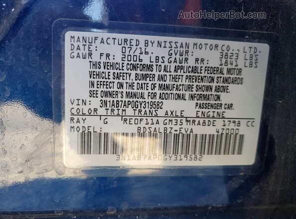 3N1AB7AP0GY319582 2016 NISSAN SENTRA Blue VIN կոդի պիտակի տեսք