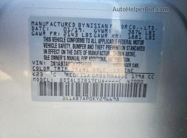 3N1AB7AP0KY296698 2019 NISSAN SENTRA Silver VIN კოდის სტიკერის ხედი