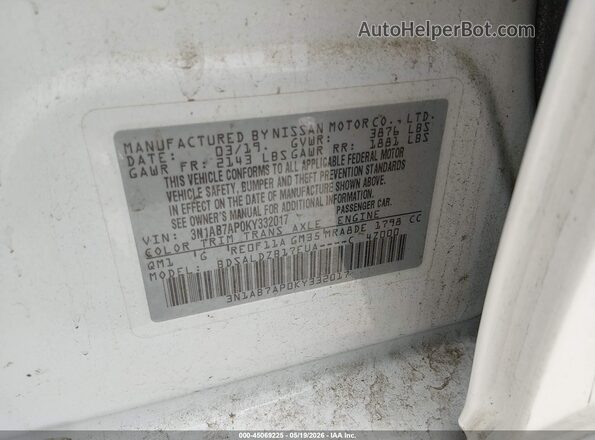 3N1AB7AP0KY332017 2019 NISSAN SENTRA White Vista del compartimento del motor