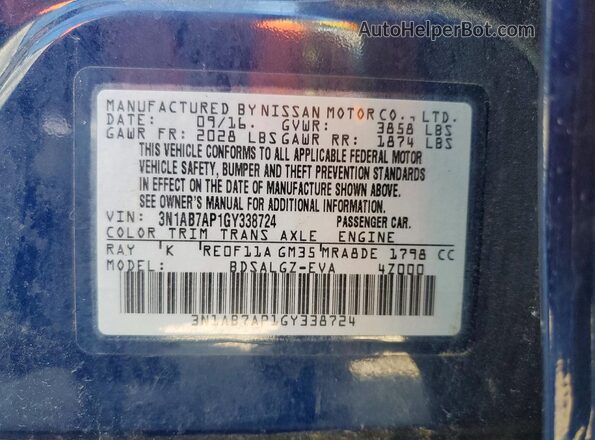 3N1AB7AP1GY338724 2016 NISSAN SENTRA Blue Vista de la etiqueta del VIN