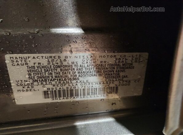 3N1AB7AP1KL616365 2019 NISSAN SENTRA Silver Vista de la etiqueta del VIN
