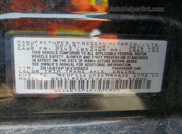 3N1AB7AP1KY306803 2019 NISSAN SENTRA Black Vista de la etiqueta del VIN
