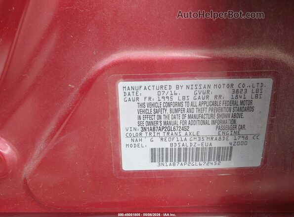 3N1AB7AP2GL672452 2016 NISSAN SENTRA Red Вид підкапотного простору