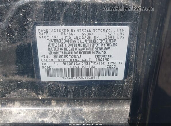 3N1AB7AP2GY218947 2016 NISSAN SENTRA Black Вид підкапотного простору