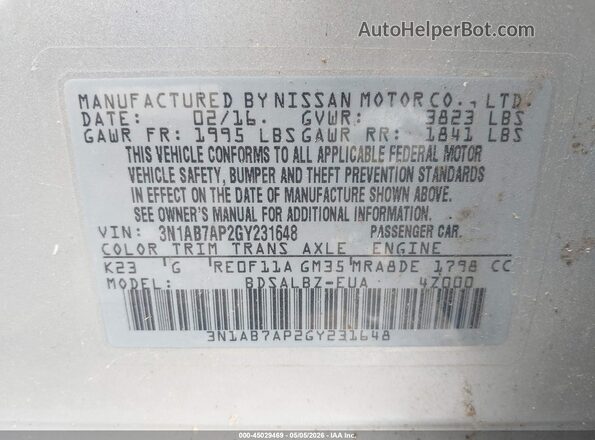 3N1AB7AP2GY231648 2016 NISSAN SENTRA Silver Вид підкапотного простору