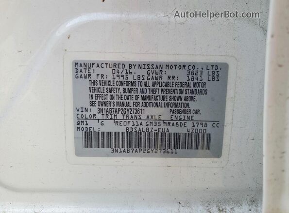 3N1AB7AP2GY273611 2016 NISSAN SENTRA Белый Вид подкапотного пространства